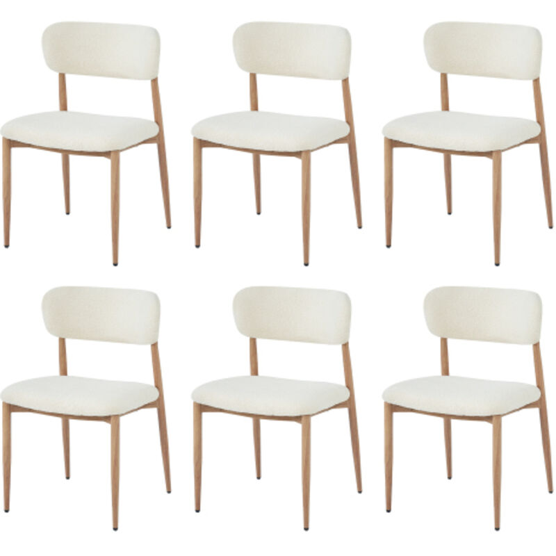 Lot de 6 chaises de salle à manger en métal effet bois avec tissu bouclé naturel