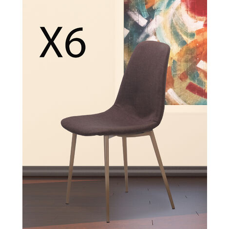 Lot de 6 chaises de salle à manger en tissu coloris marron foncé avec pieds coloris bois - Longueur 45 x profondeur 53 x hauteur 87 cm -PEGANE-