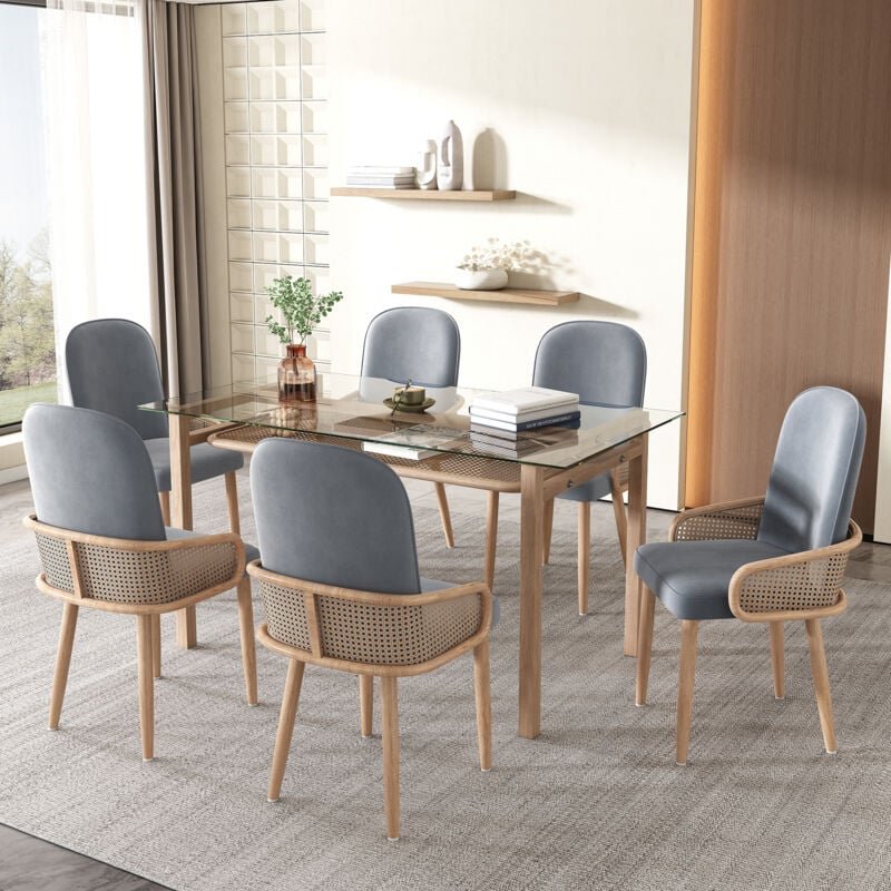 Lot de 6 chaises de salle à manger en velours avec pieds en métal grain de bois, design rotin, gris