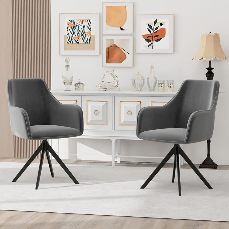 Lot de 2 chaises de salle à manger en velours gris, chaise de salle à manger pivotant à 360° avec pieds réglables
