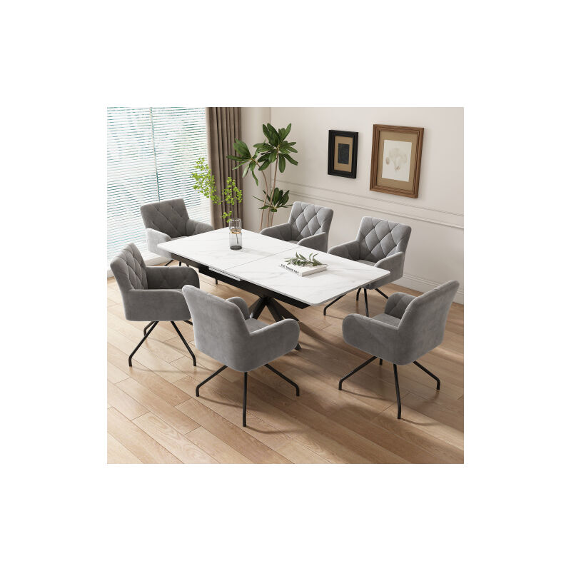 Wishdor - Lot de 6 chaises de salle à manger en velours gris clair avec motif losange et pieds en métal, pour salle à manger, cuisine, chambre, salle