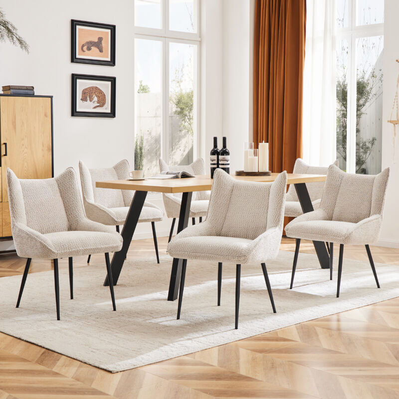 Lot de 6 Chaises de salle à manger en velours peluche, chaise longue avec accoudoirs et coussin de siège épais, beige