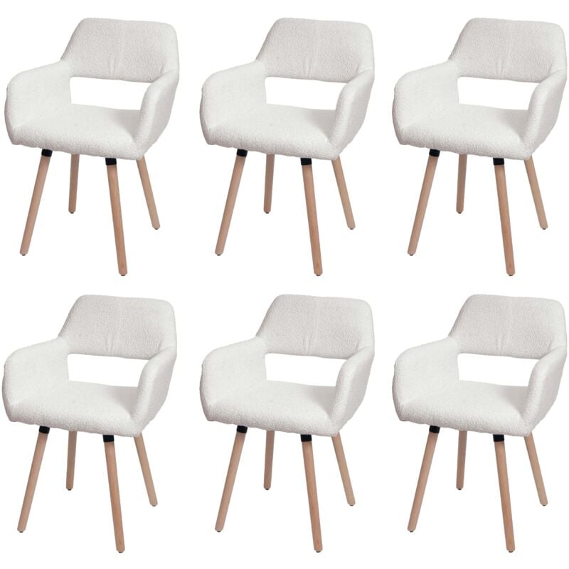 Lot de 6 chaises de salle à manger HHG 873 ii, chaise de cuisine chaise rembourrée, bois tissu/textile bouclé (450g/m²) mvg, crème