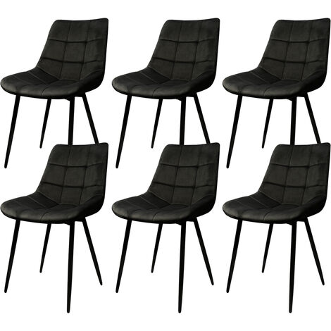 Lot de 6 Chaises de salle à manger, Siège moderne chaise à carreaux, rembourrées, surface en velours lisse-charge 120 kg-avec pieds en fer, noir