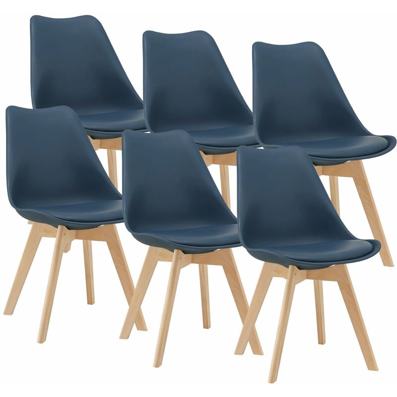 Lot de 6 chaises de salle à manger similicuir hêtre bleu
