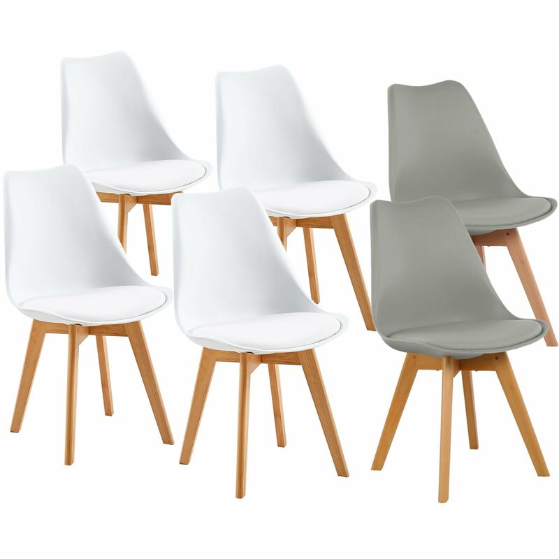 Lot de 6 chaises Scandinaves au design contemporain pour salle à manger - Mélange de couleurs 4 Blanc + 2 Gris