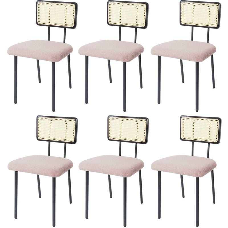 [jamais utilisé] lot de 6 chaises de salle à manger hhg-707, fauteuil chaise, bois poly rotin métal bouclé tissu/textile rose - pink