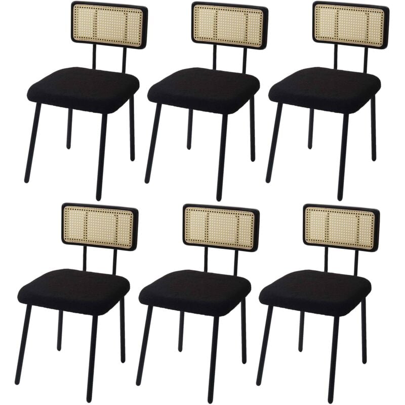 HHG - Lot de 6 chaises de salle à manger 707, fauteuil chaise, bois poly rotin métal bouclé, tissu/textile noir