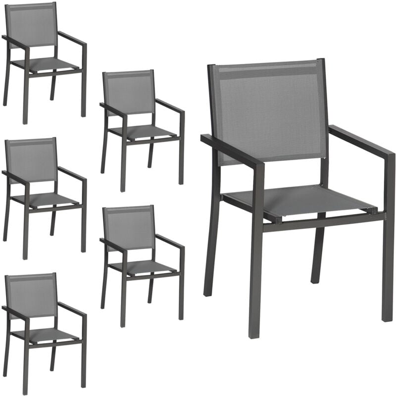 Happy Garden - Lot de 6 chaises en aluminium anthracite - textilène gris