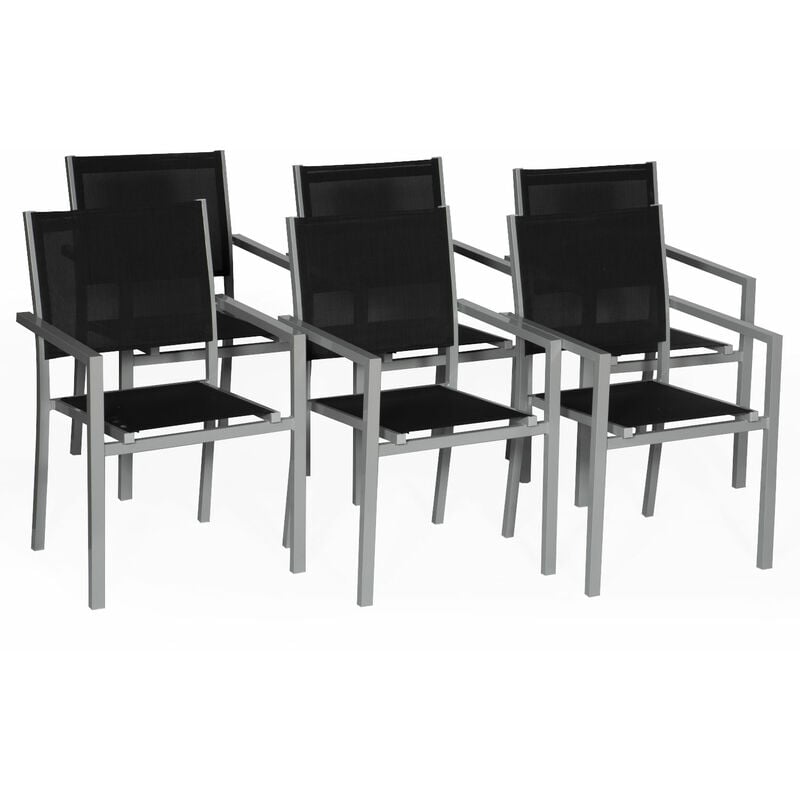 Lot de 6 chaises en aluminium gris - textilène noir - black