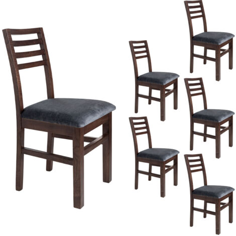 Lot de 6 chaises en hêtre chêne foncé assise tissu gris - LOUISE