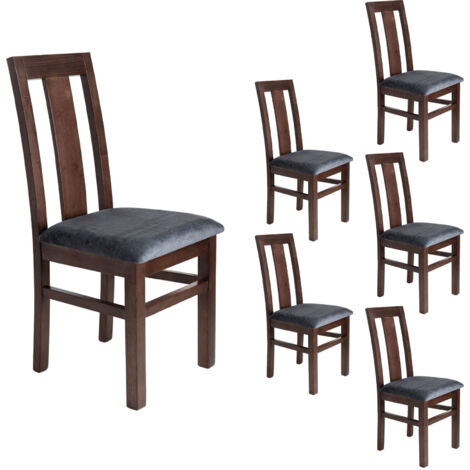 Lot de 6 chaises en hêtre chêne foncé assise tissu gris - MARTHA