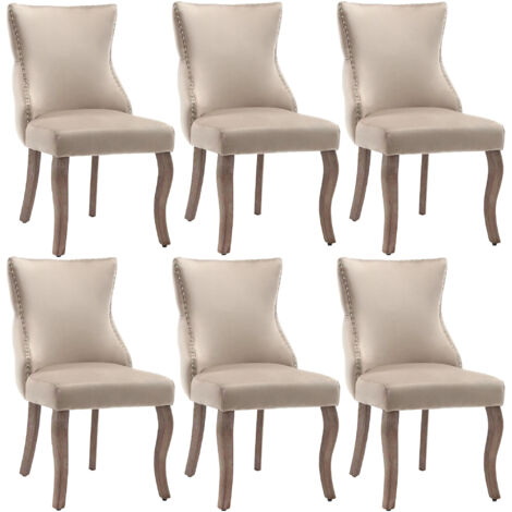 Lot de 6 chaises en velours beige - Dossier matelassé à boutons, pieds bois massif - Salon & salle à manger