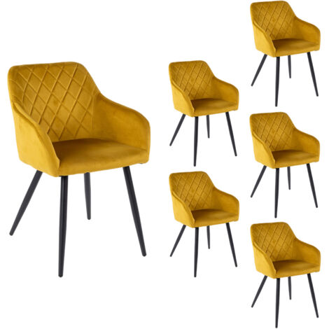 Lot de 6 chaises en velours moutarde 59x56x82 cm – Structure métal noir – Assise confortable 49 cm – Design chic et élégant