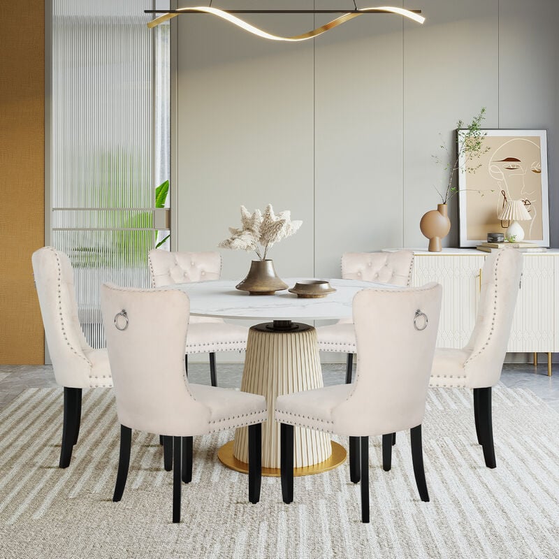 Puluomis - Lot de 6 Chaises de Salle à Manger Confortables en Velours, Chaise de Cuisine en Pieds Bois Massif, Chaise Beige Rembourrée avec Assise ,
