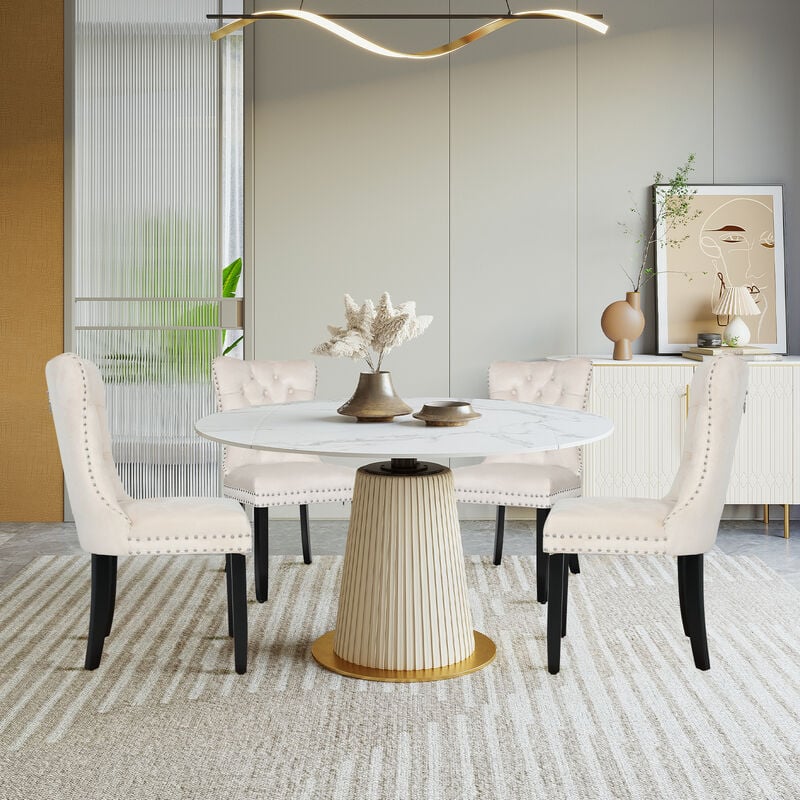 Puluomis - Lot de 4 Chaises de Salle à Manger Confortables en Velours, Chaise de Cuisine en Pieds Bois Massif, Chaise Beige Rembourrée avec Assise ,