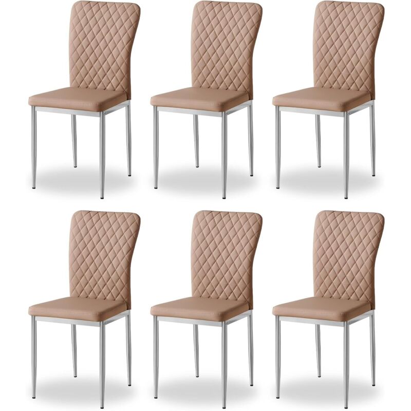 Lot de 6 chaises JYMTOM à dossier haut pour salle à manger / salon, siège en tissu simili cuir - Marron PU
