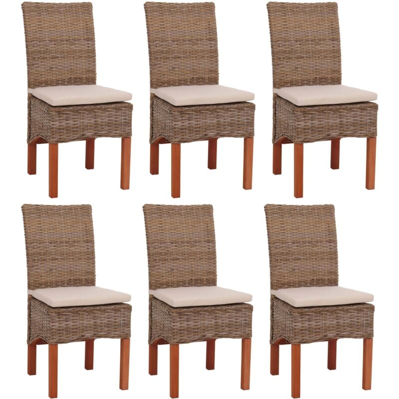 Lot de 6 chaises M44 salle à manger, rotin kubu/bois, 47x52x97cm, avec coussins