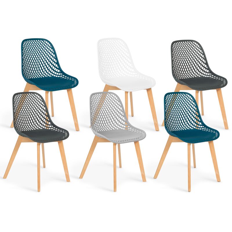 Chaises scandinaves bleu x2, blanc, gris clair et gris foncé x2 avec dossier ajouré
