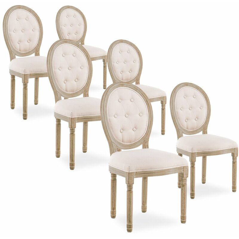 Intensedeco - Lot de 6 chaises médaillon capitonnées Louis xvi tissu Beige