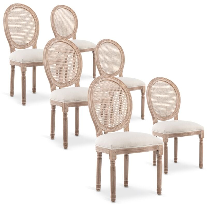 Intensedeco - Lot de 6 chaises médaillon Louis xvi Cannage Rotin tissu Beige
