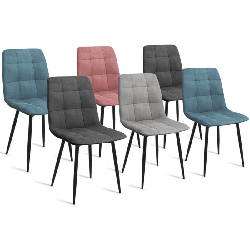 Idmarket - Lot de 6 chaises mila en velours mix color pastel bleu x2, gris foncé x2, gris clair, rose