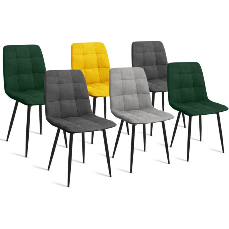 Lot de 6 chaises mila en velours mix color vert x2, gris foncé x2, gris clair, jaune