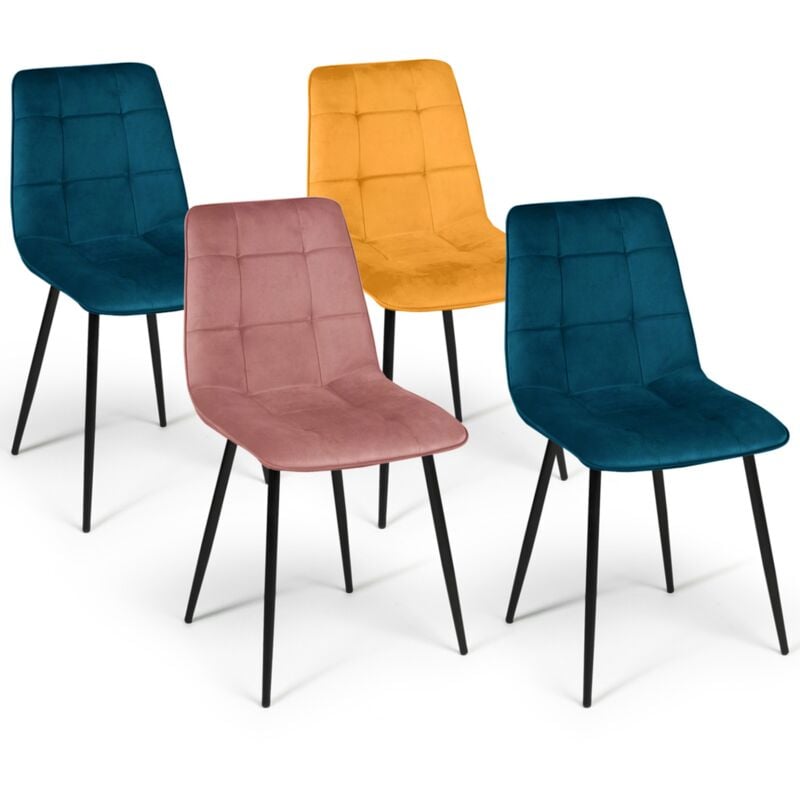 Lot de 4 chaises mila en velours mix color bleu x2, jaune ocre, rose