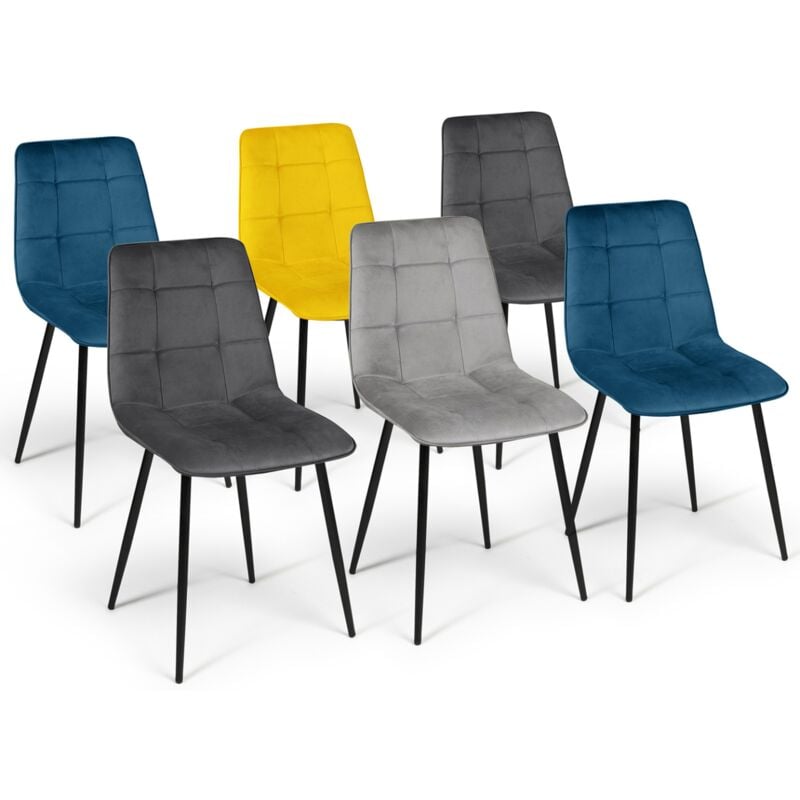 Lot de 6 chaises mila en velours mix color bleu x2, gris foncé x2, gris clair, jaune
