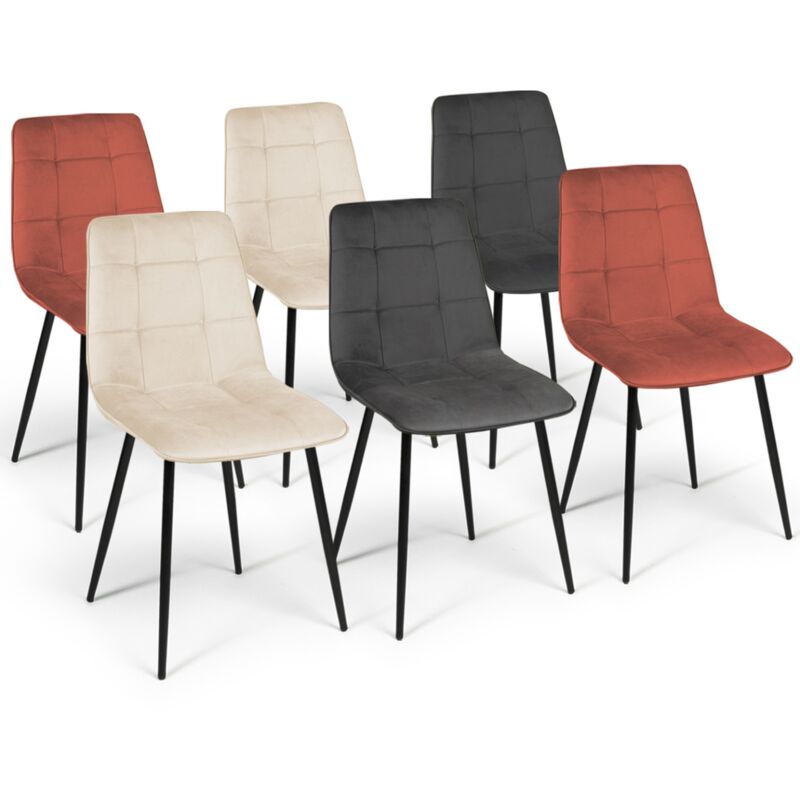 Chaises en velours multicolore terracotta, gris foncé et beige