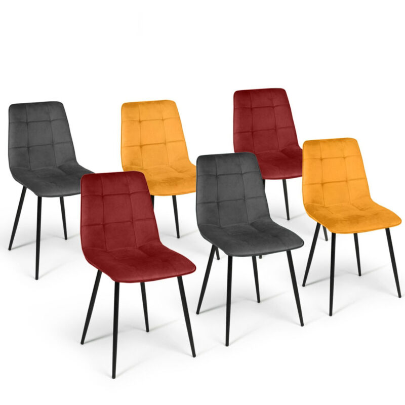 Lot de 6 chaises MILA en velours mix color vintage bordeaux x2, gris foncé x2, jaune ocre x2