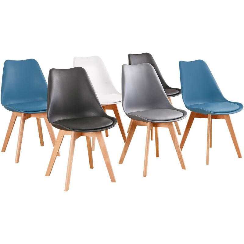 Lot de 6 chaises - Mix couleurs - blanc , gris , bleu canard x2 , noir x2 - Scandinave - Pieds bois