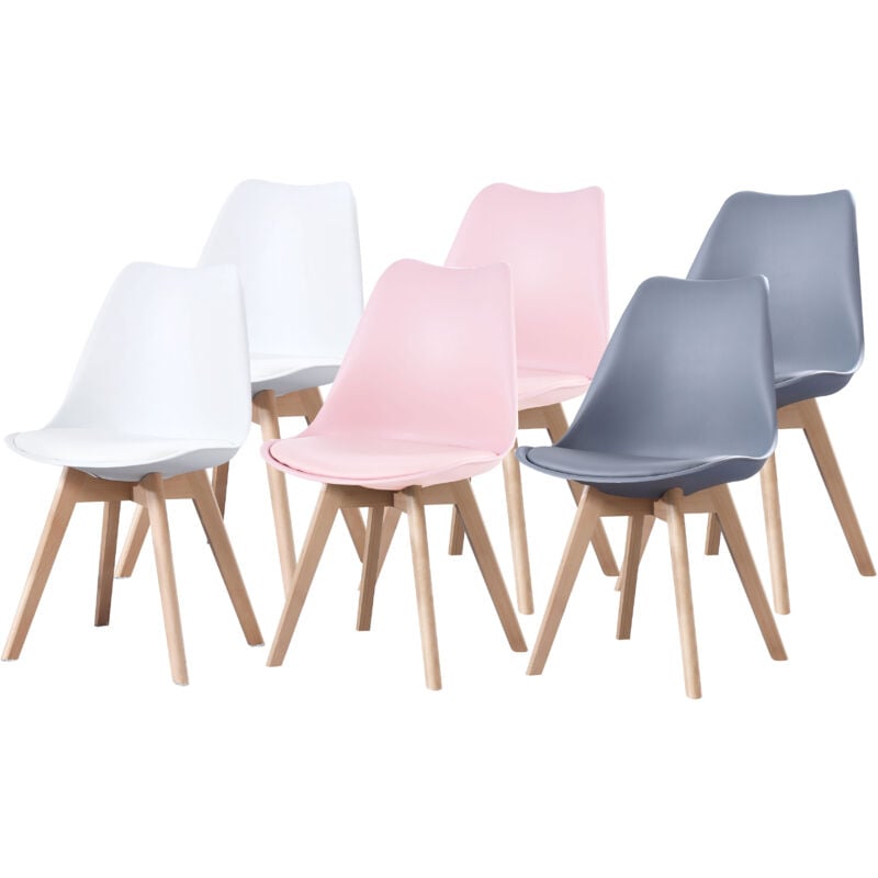 Hobag - Lot de 6 chaises - Mix couleurs - blanc x2 , gris x2 , rose x2 - Scandinave - Pieds bois