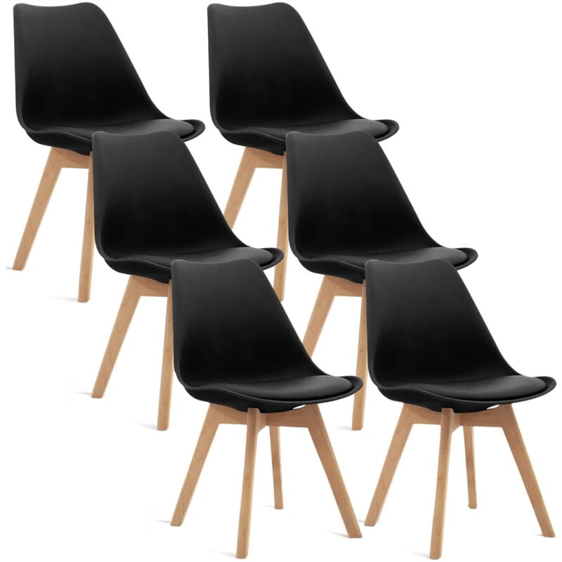 Iztoss - Lot de 6 chaises - Noir - Chaise Scandinave - Pieds en bois (6 chaises dans un colis)