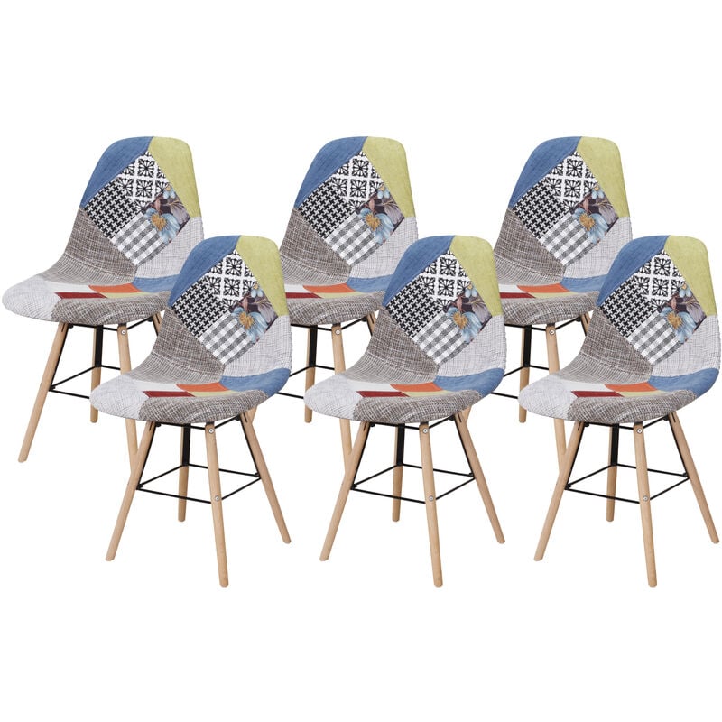Lot de 6 chaises - PATCHWORK MULTICOULEUR - Scandinave - Pieds bois