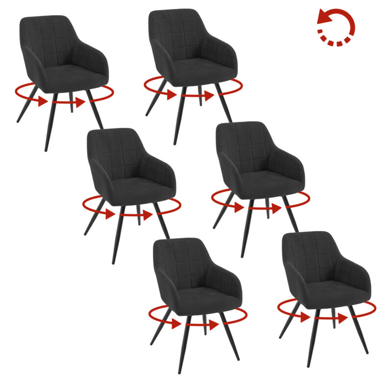 Woltu - Lot de 6 Chaises Pivotante Salle à Manger Fauteuil Salle à Manger en Velours, Pieds en Métal, Noir