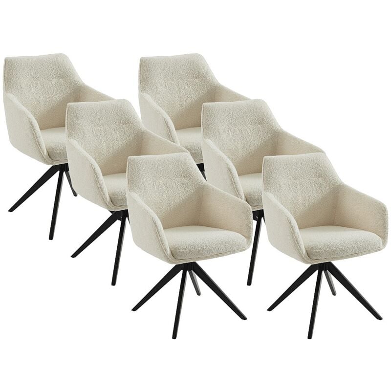 Lot de 6 chaises pivotantes avec accoudoirs - Tissu bouclette et métal noir - Blanc - MUSE