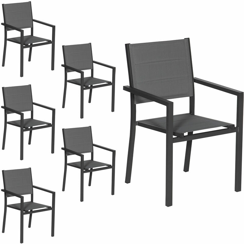 Happy Garden - Lot de 6 chaises rembourrées en aluminium anthracite - textilène gris - anthracite