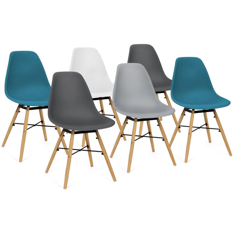 Lot de 6 chaises sandra mix color blanc, gris clair, gris foncé x2, bleu canard x2