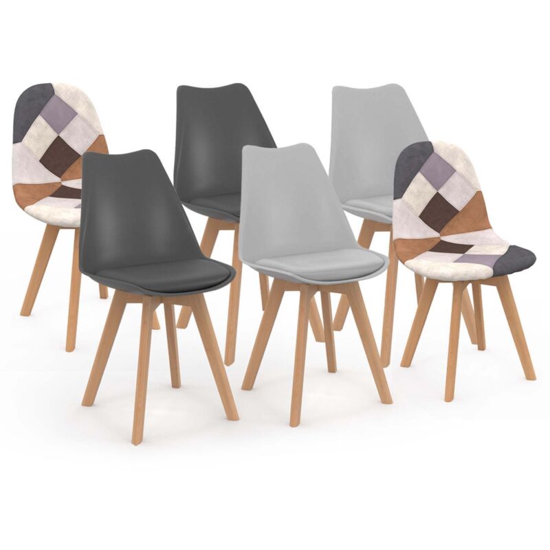 Lot de 6 chaises scandinaves sara gris foncé x2, gris clair x2 et patchworks marron x2