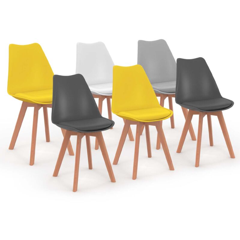 Chaises scandinaves mix color grises, blanches et jaunes