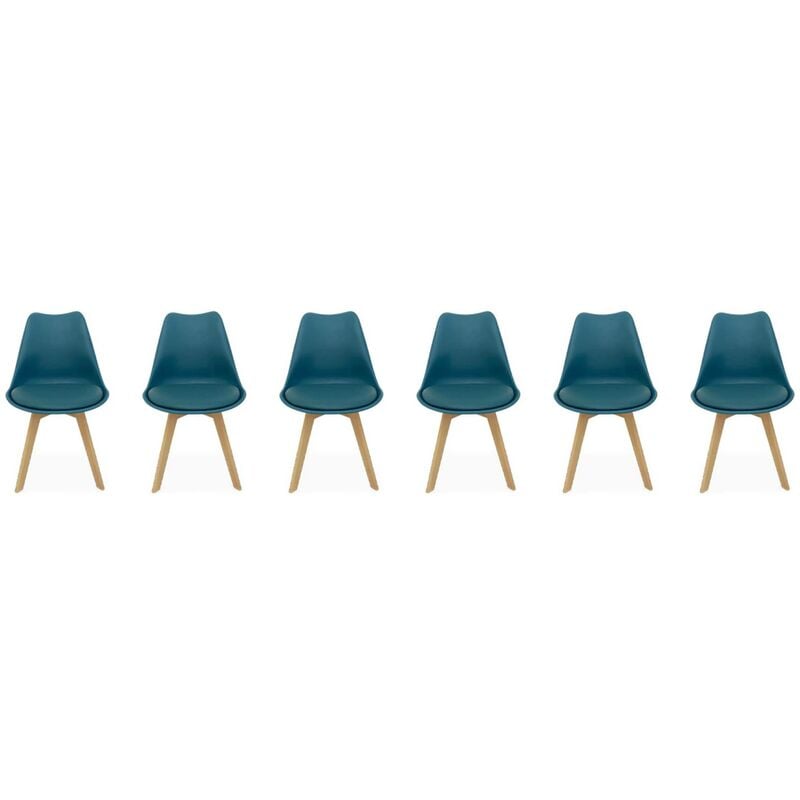 Lot de 6 chaises scandinaves. pieds bois de hêtre. chaises 1 place. bleu canard