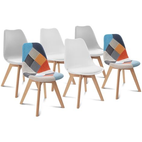 Lot de 6 chaises scandinaves SARA blanc x2, gris clair x2 et patchworks multi-couleurs - Multicolore
