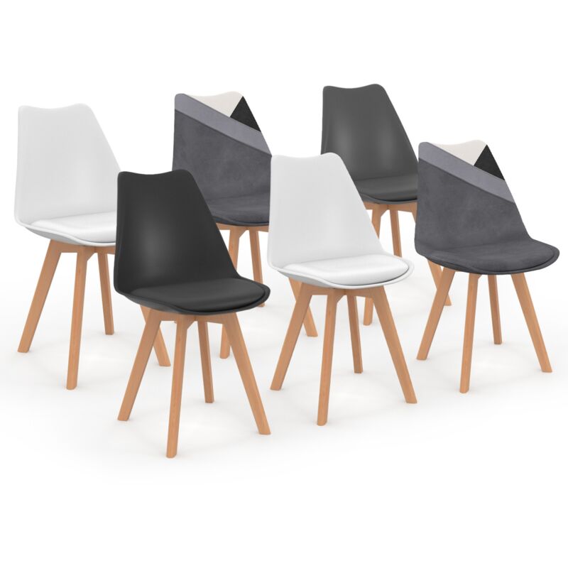 Lot de 6 chaises scandinaves sara gris foncé, blanc, noir et velours patchworks noir, gris et blanc