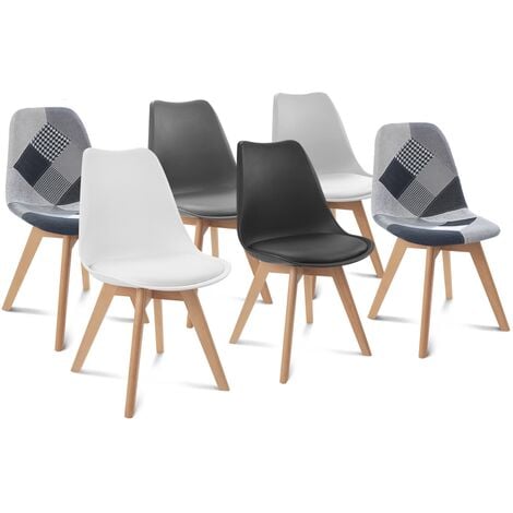 Lot de 6 chaises scandinaves SARA gris foncé, gris clair, blanc, noir et patchworks noirs, gris et blancs