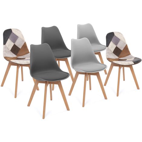 Lot de 6 chaises scandinaves SARA gris foncé x2, gris clair x2 et patchworks marron - Multicolore