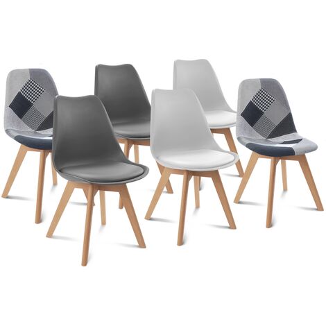 Lot de 6 chaises scandinaves SARA gris foncé x2, gris clair x2 et patchworks noirs, gris et blancs - Multicolore