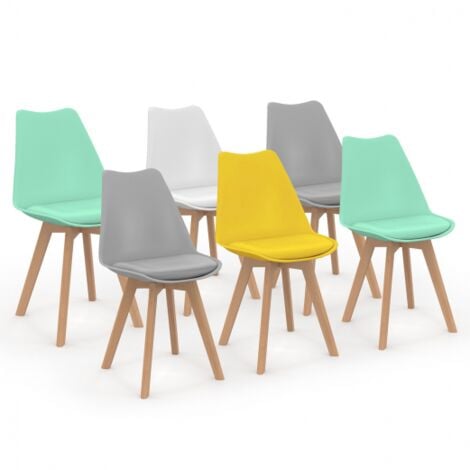 Lot de 6 chaises scandinaves SARA mix color pastel jaune, blanc, gris clair x2, vert mentholé x2 - Multicolore