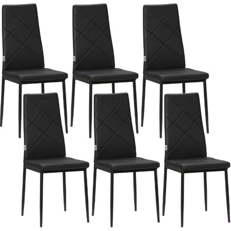 Lot de 6 Chaises Similicuir, Dossier Haut, Coutures Diamant, Pieds Acier, Noir