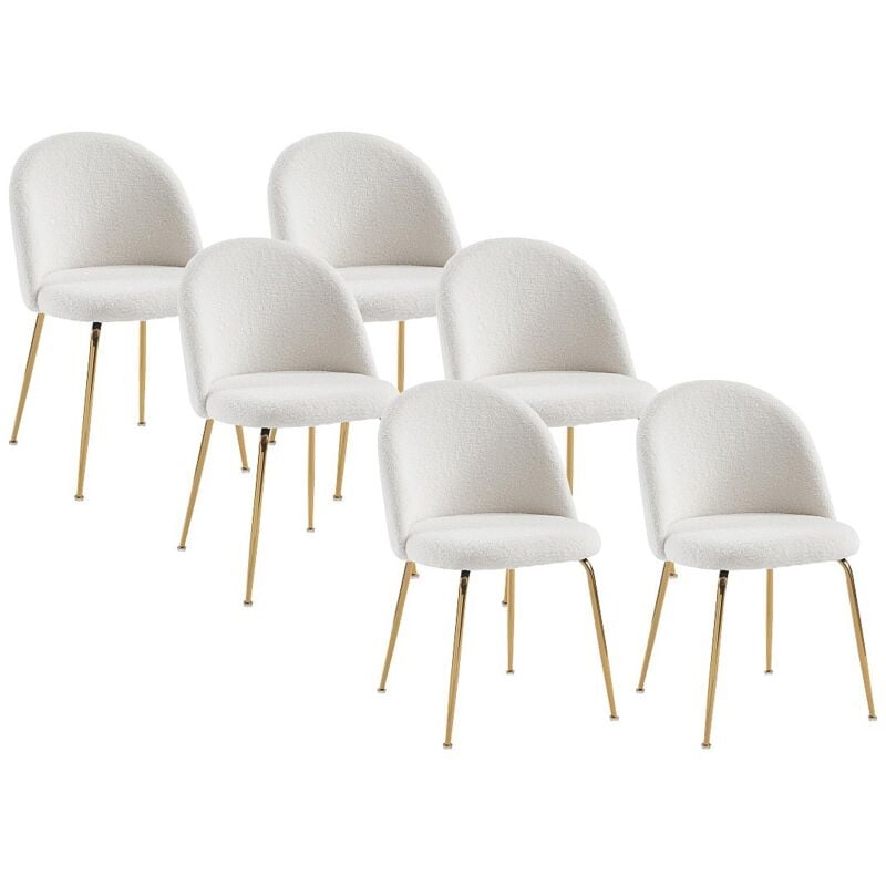 Vente-unique - Lot de 6 chaises - Tissu bouclette et acier inoxydable doré - Blanc - melbourne